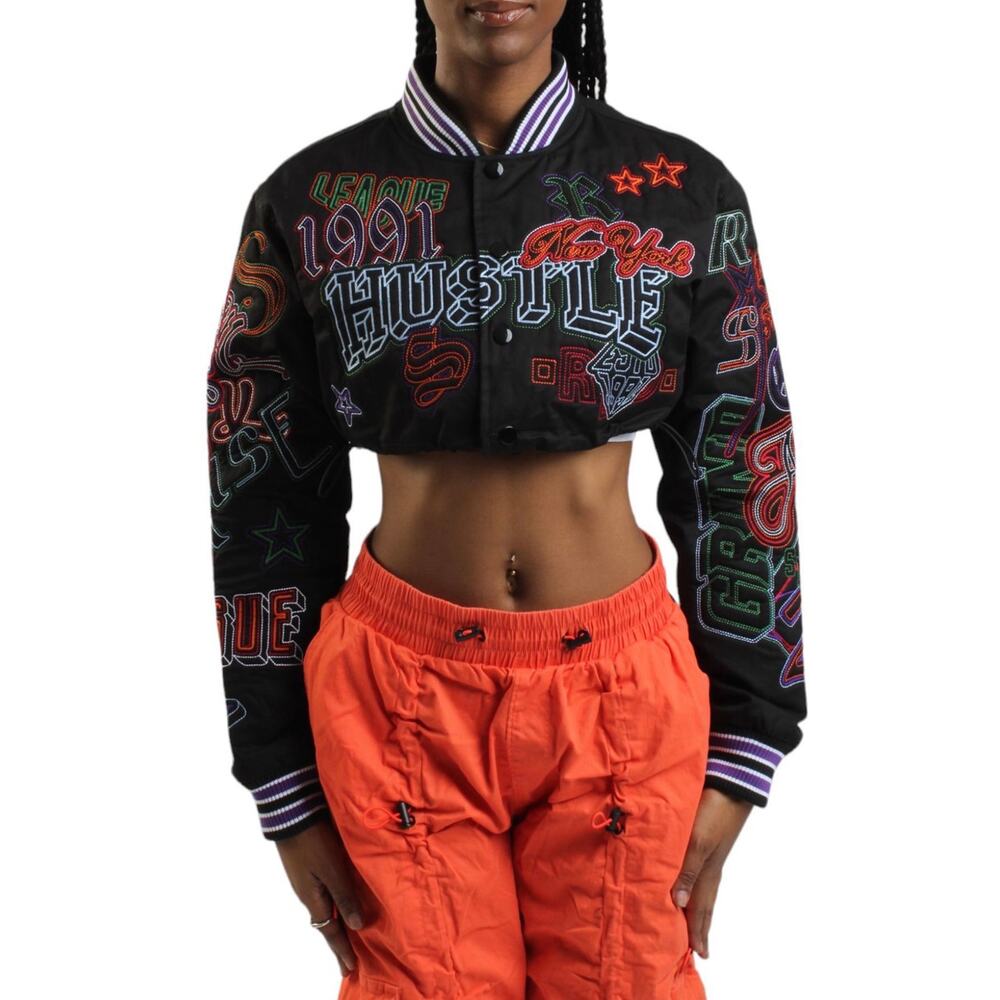 Smoke Rise RED Cropped Bomber Jacket Black Hustle New York Embroidered Varsity S